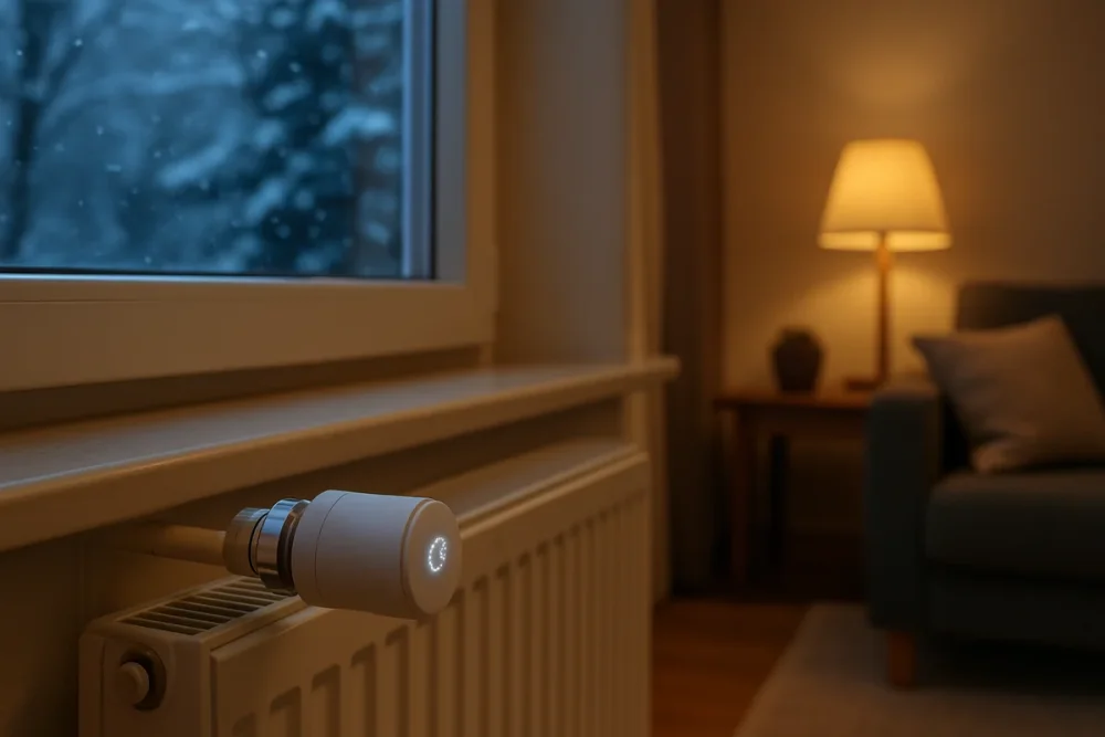 Valvola termostatica smart su un radiatore in soggiorno in una sera d'inverno (illustrazione generata con l'IA)