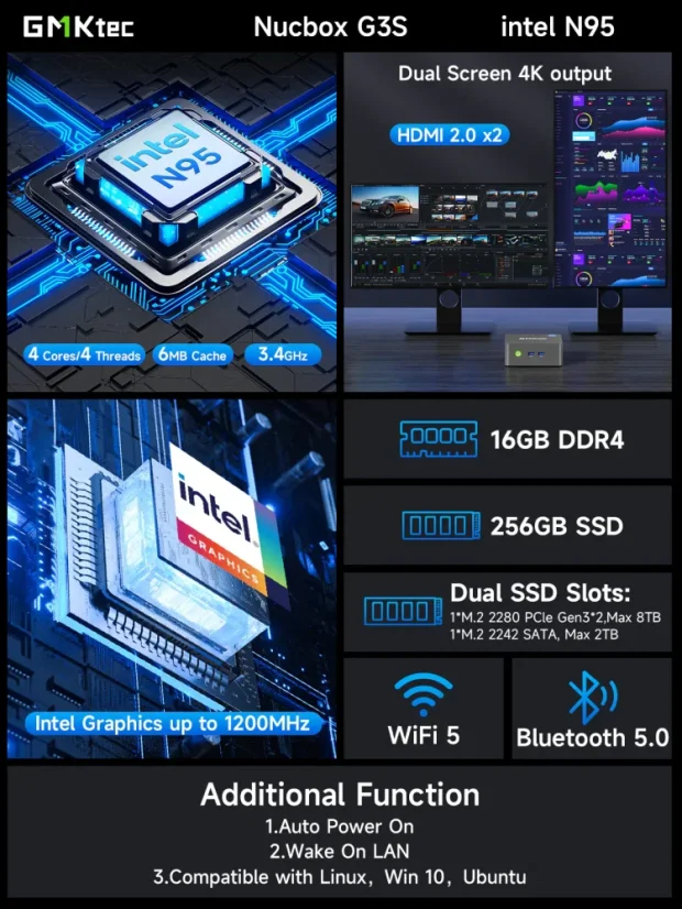 GMKtec G3S Mini‑PC — Intel Alder Lake N95 - RAM-Größe: 8 GB, Festplattengröße: 256 GB