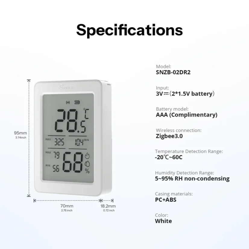 SONOFF AirGuard TH 3.6'' LCD Zigbee Temperature And Humidity Sensor | SNZB-02DR2