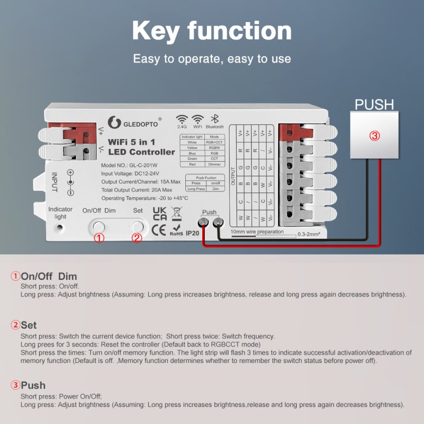 GLEDOPTO GL-C-201W - Wi-Fi+RF Tuya 5-in-1 RGBW LED-Controller