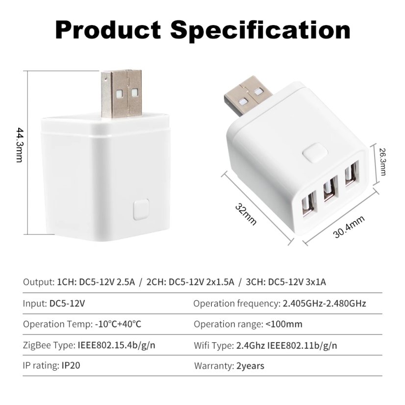 Adattatore micro USB Smart WiFi/Zigbee - Colore: Bianco, Protocollo: Zigbee 3.0, Numero di prese: 3
