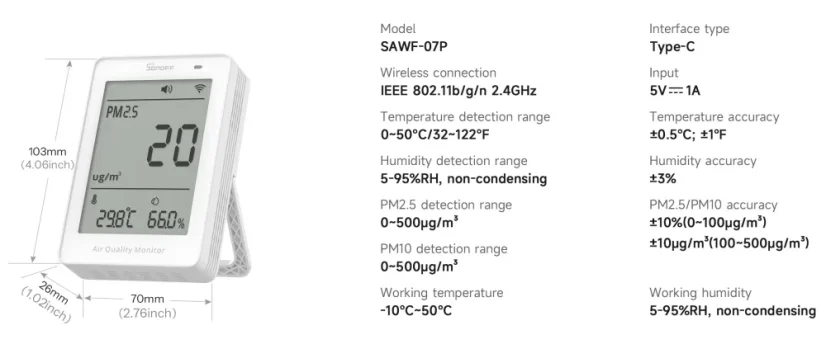 SONOFF AirGuard PM2.5/PM10 Matter Over Wi-Fi Monitor della Qualità dell'Aria | SAWF-07P