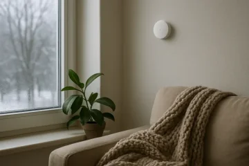 Angolo del soggiorno in una mattina d'inverno con condensa sulla finestra e un sensore di umidità sulla parete (illustrazione generata con l'IA)