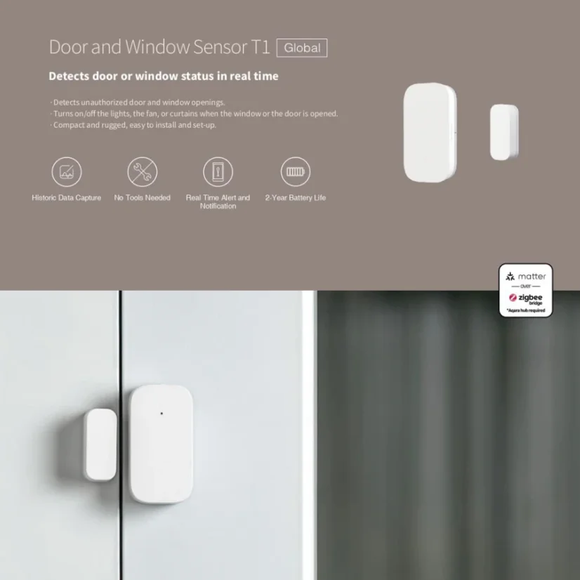 Aqara Sensore per Porte e Finestre T1 – Sensore di Contatto Zigbee Intelligente per Sicurezza Domestica