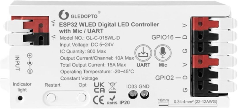 GLEDOPTO GL-C-015WL-D ESP32 WLED Digitální LED ovladač + Mic/UART
