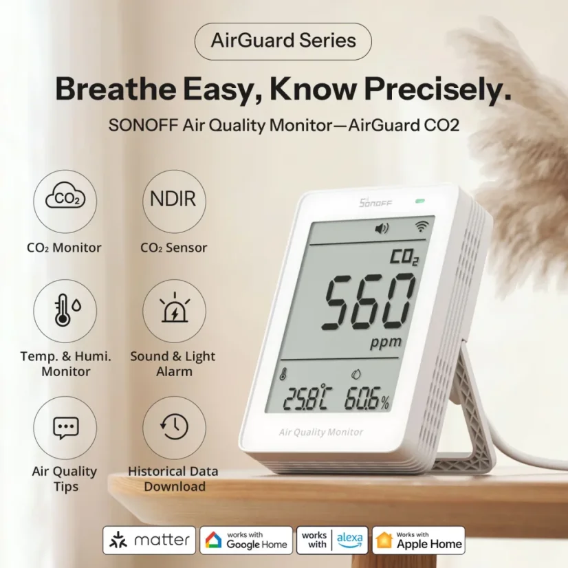SONOFF AirGuard CO2 Matter přes Wi-Fi Monitor kvality vzduchu | SAWF-08P