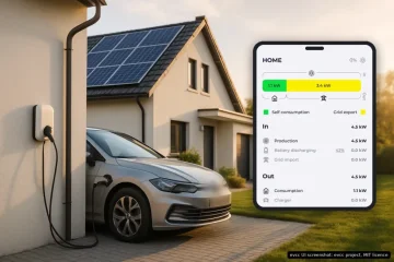 Auto elettrica in carica da una wallbox davanti a una casa con pannelli solari, accanto la schermata del flusso di energia di evcc (sfondo generato con l'IA con uno screenshot di evcc, licenza MIT)