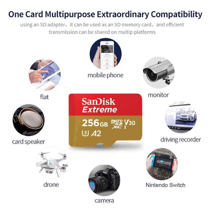 SanDisk microSDXC Extreme Memory Card - Type: Micro SDXC, Storage capacity: 512 GB, Speed Class: Class 30, Application Performance Class: A2, UHS Class: U3