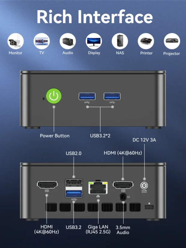 GMKtec G3S Mini PC — Intel Alder Lake N95 - Veľkosť RAM: 8 GB, Veľkosť disku: 256 GB