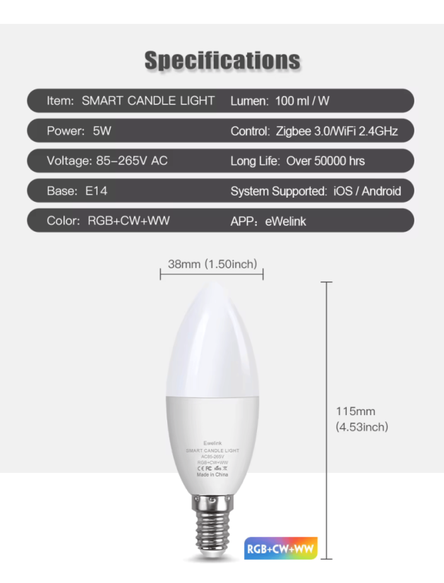 Tuya Wi-Fi Smart Bulb, E14, 5W