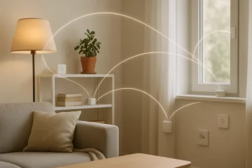 Inteligentne urządzenia w salonie komunikujące się przez bezprzewodową sieć mesh (ilustracja wygenerowana przez AI)
