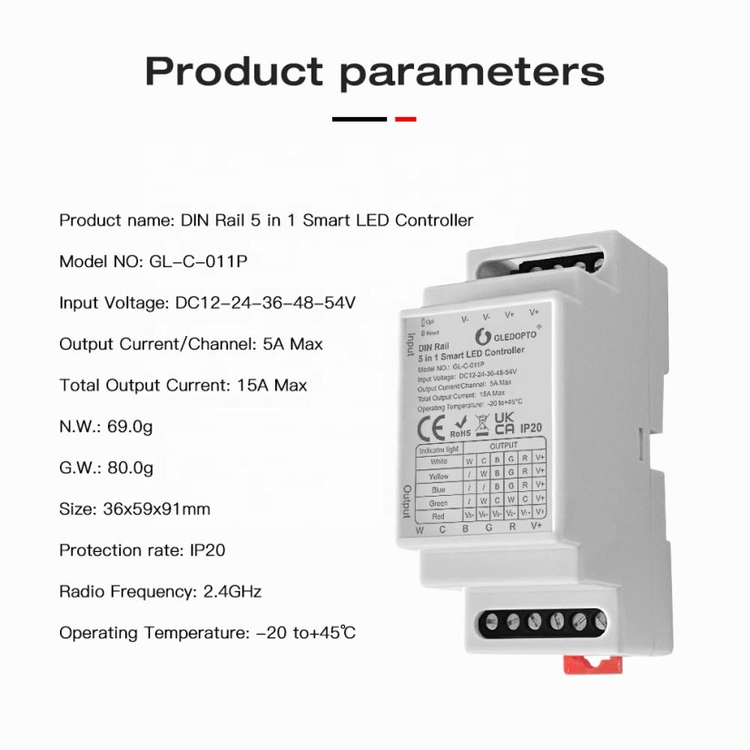GLEDOPTO GL-C-011P - ZigBee Pro sterownik taśmy LED 5w1 na szynę DIN