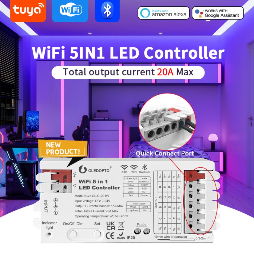 GLEDOPTO GL-C-201W - Wi-Fi+RF Tuya 5-in-1 RGBW LED-Controller
