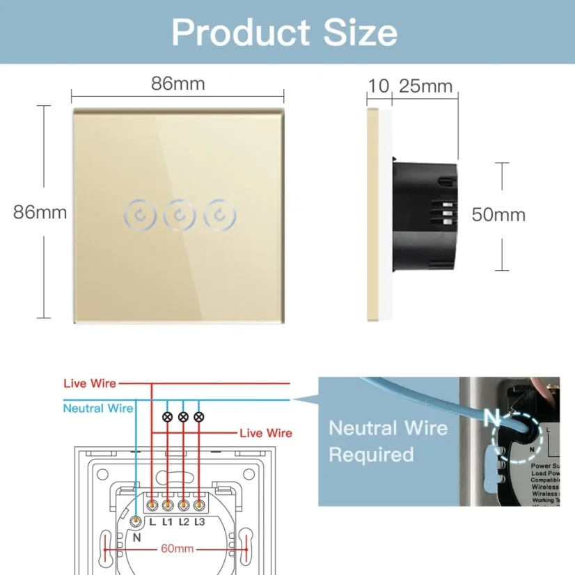BSEED Zigbee-Glas-Touchschalter mit Neutralleiter (1–3-fach)