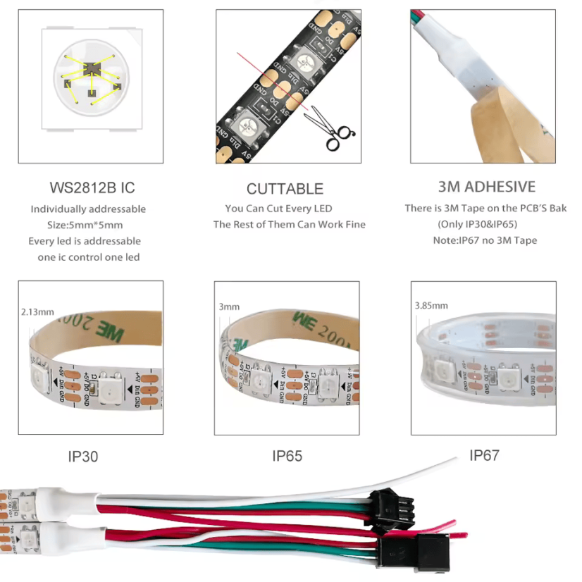 LED strip - 1m WS2812B 144leds, IP67, White PCB