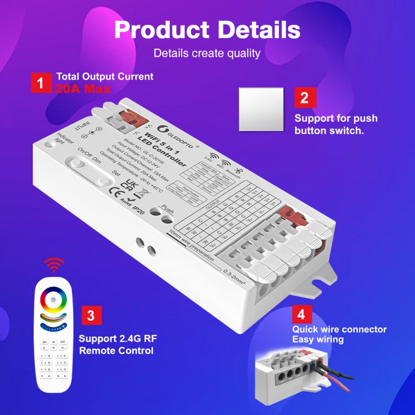 GLEDOPTO GL-C-201W - Wi-Fi+RF Tuya 5-in-1 RGBW LED-Controller