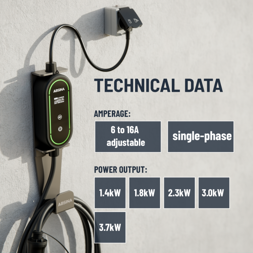 ABSINA - Kabel do ładowania EV Typ 2 - Schuko 3.7kW